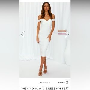 Hello Molly white ruched off the shoulder midi dress. Size small.